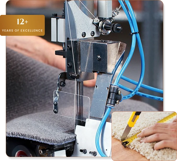 Industrial carpet serger stitching and precision rug cutting.