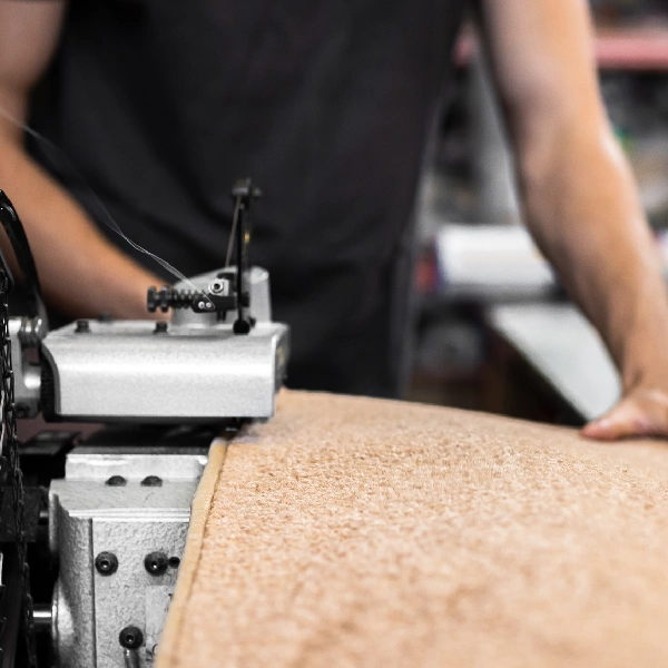 industrial serging machine finishing the edge of a tan plush carpet.